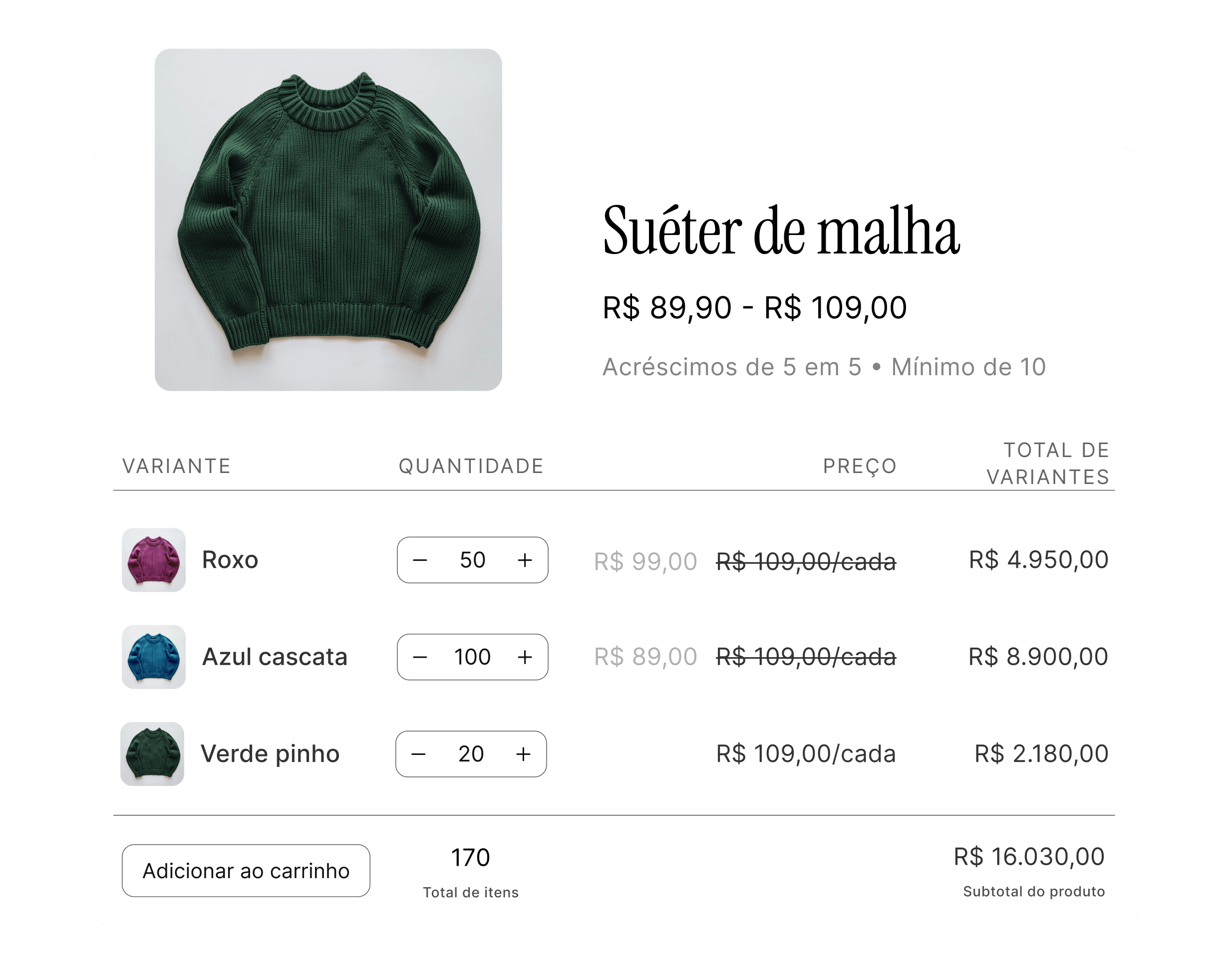 Animação mostrando descontos para B2B, em que o custo por item diminui automaticamente conforme aumenta a quantidade de itens comprados